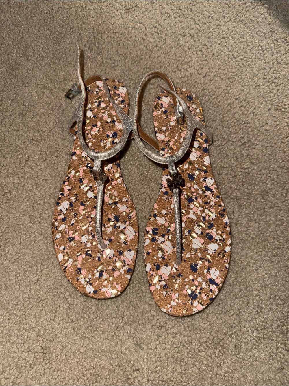 Tory Burch Rose Gold Metallic T-Strap Sandals with Multicolor Cork Insole
